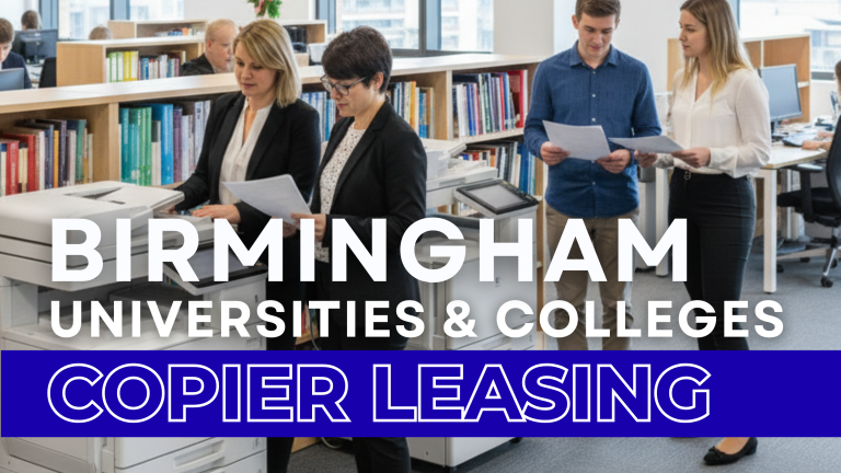 University office in Birmingham with copier and staff working on documents