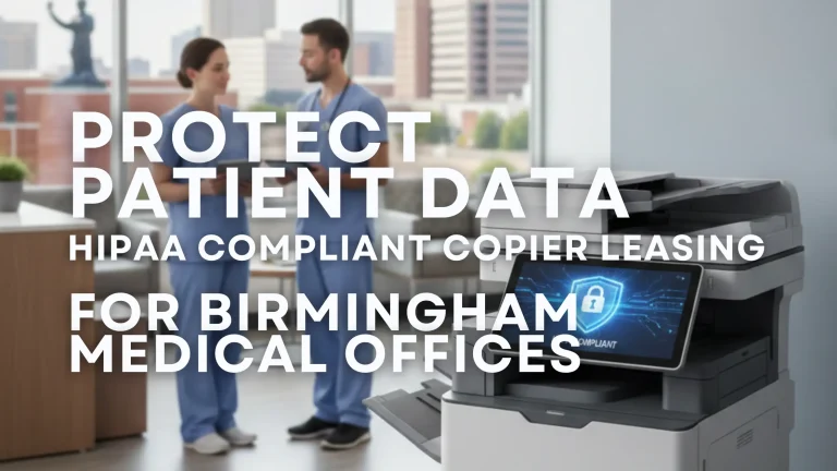 Modern office copier in a Birmingham medical office featuring HIPAA-compliant security software on the display panel with healthcare professionals in the background.