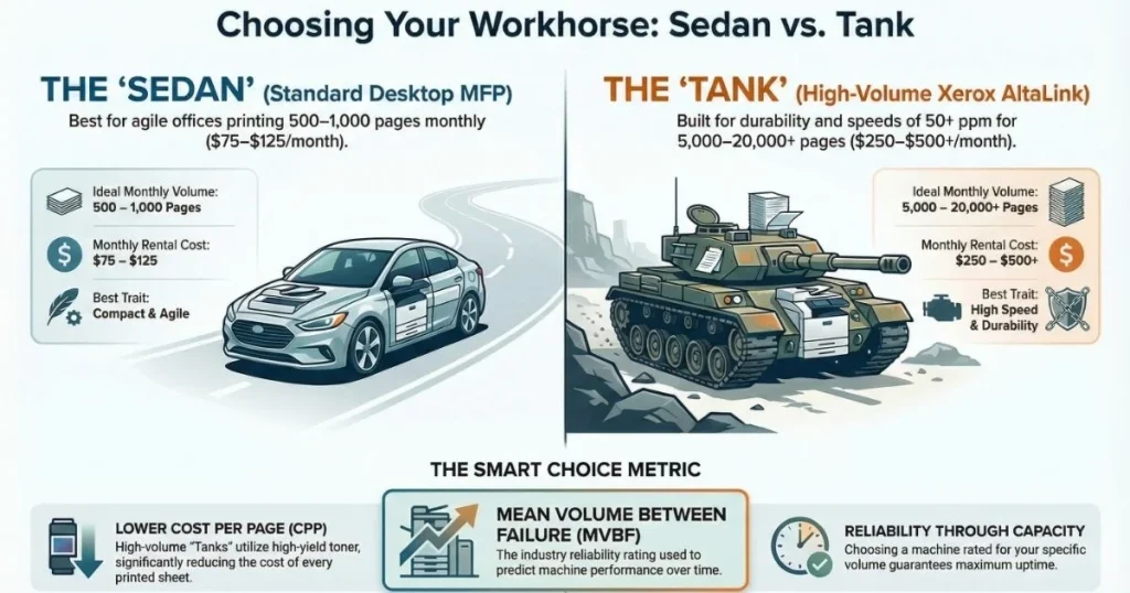 A visual comparison for Birmingham business owners between compact desktop MFPs and high-volume Xerox AltaLink "tanks" based on monthly page volume.