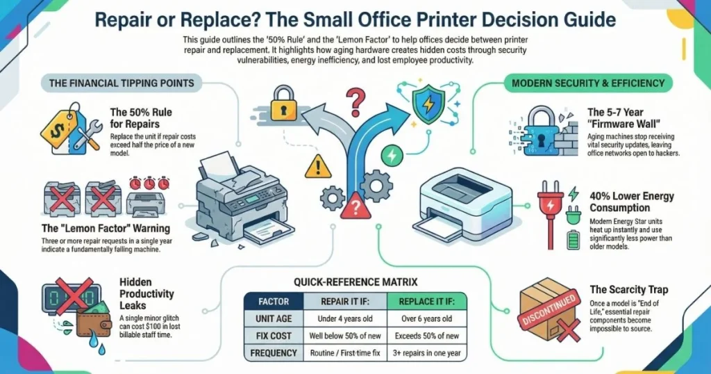 A financial tipping point matrix for Printer Repair in Birmingham businesses, highlighting the scarcity trap and firmware security barriers.