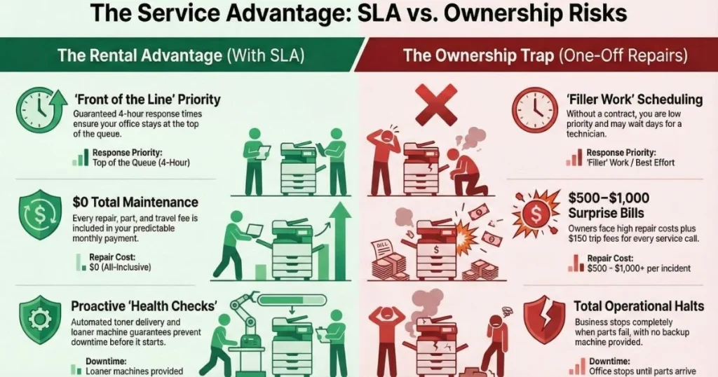 Comparison chart for Birmingham offices showing rental benefits like 4-hour response times versus ownership risks like $1,000 repair bills.