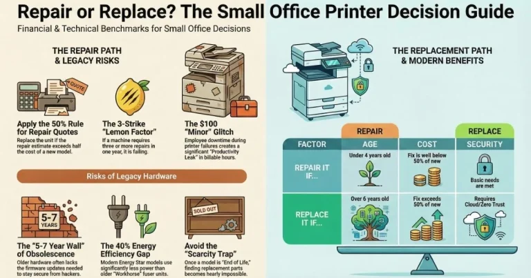 Visual guide for Birmingham offices deciding on Printer Repair, featuring the 50% rule, 3-strike lemon factor, and legacy hardware risks.