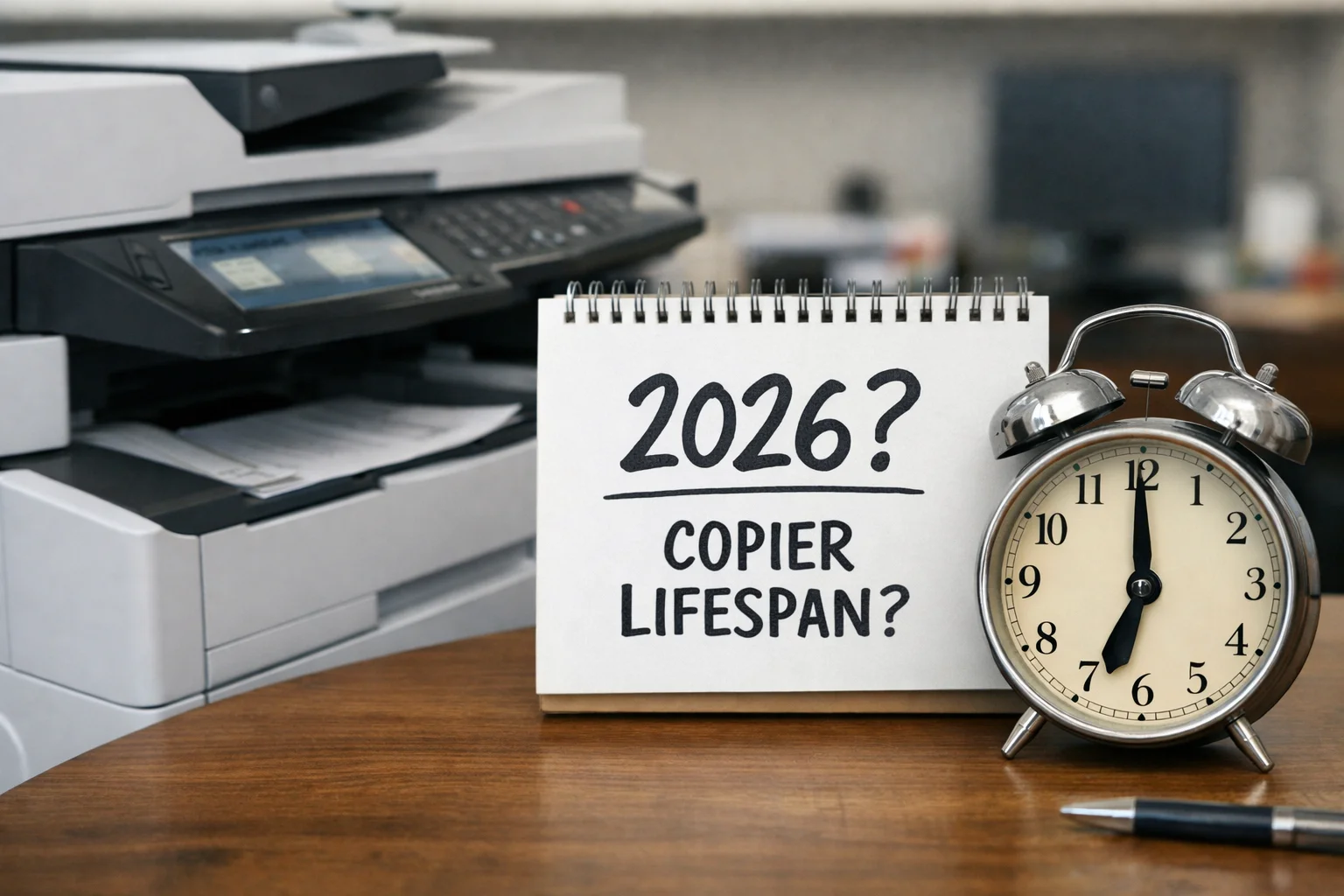 A desktop calendar and alarm clock next to a modern office copier questioning the average machine lifespan for Birmingham businesses in 2026.