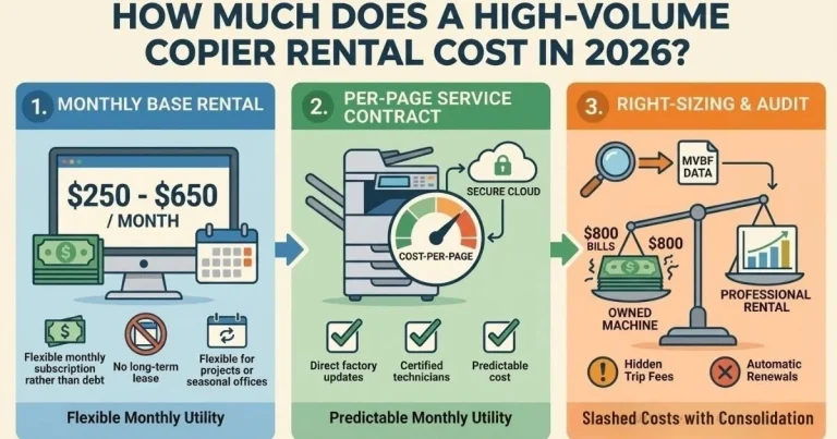 Infographic showing a Birmingham Copier Rental Cost between $250 and $650 per month, featuring flexible monthly subscriptions and no long-term debt.