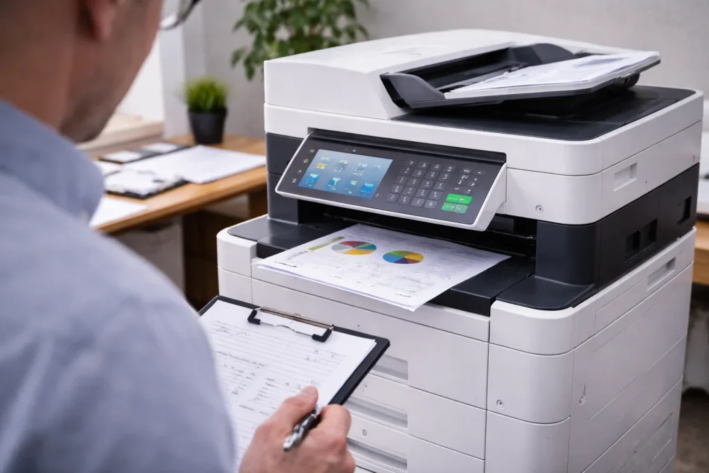 An office worker at 2300 Brookhill reviewing high-quality color charts from enterprise-grade multifunction copiers.