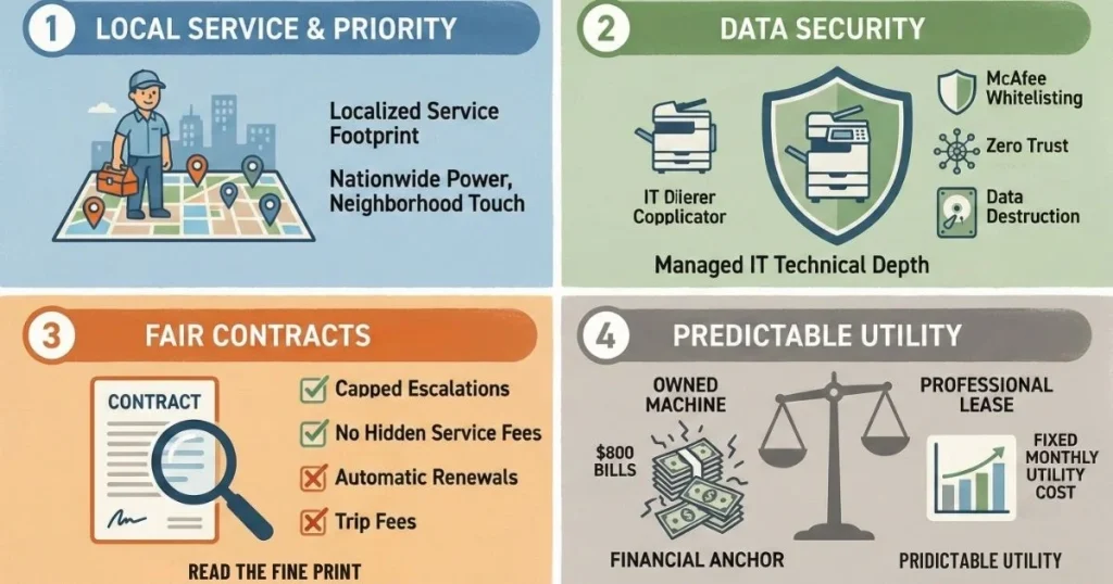 Four-step guide to a Reliable Copier Lease in Birmingham, covering local service footprints, Data Security, Fair Contracts, and Predictable Utility