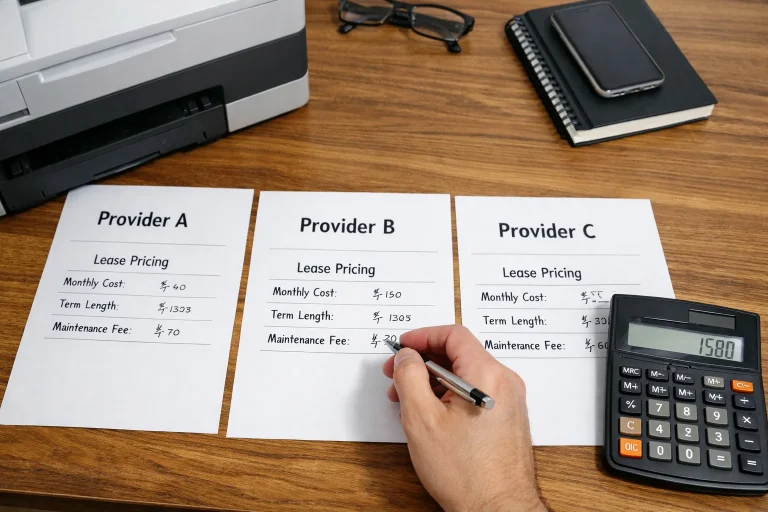 A business professional in Birmingham comparing copier lease pricing quotes from three different providers with a calculator and office hardware.