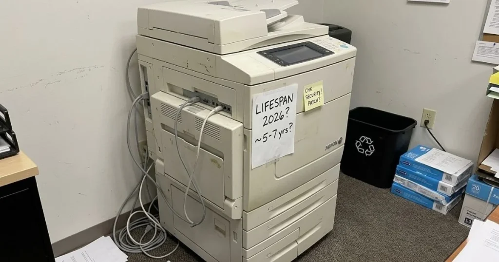 An older Xerox copier in a Birmingham office corner with a handwritten note regarding its 2026 lifespan and security patch requirements.