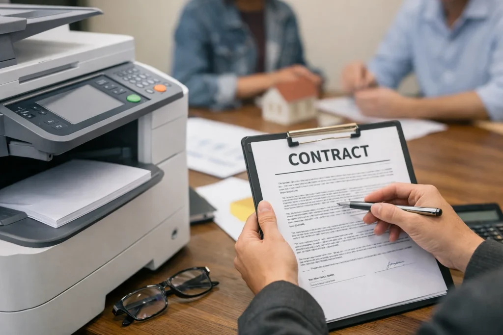 A close-up of a business professional reviewing a Birmingham copier lease contract to avoid traps.