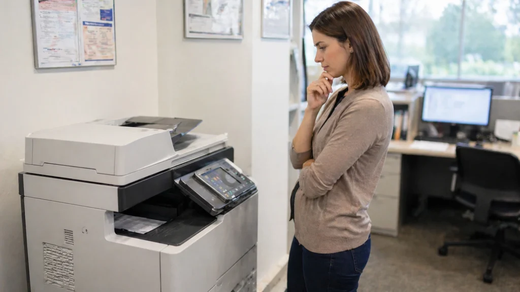 Business woman standing beside an office copier thinking about whether to buy or lease in Birmingham AL