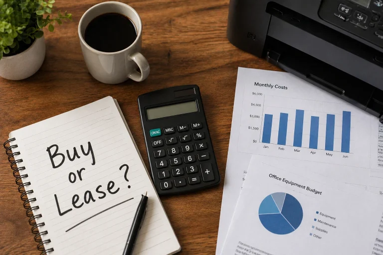 Notepad with "Buy or Lease?" written next to monthly cost charts and a printer for Birmingham AL businesses