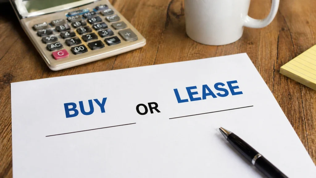 Buy or lease a copier decision document on a desk with a calculator for Birmingham AL businesses