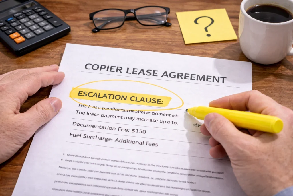 Hand highlighting a clause in a Birmingham Copier Lease Agreement to ensure all terms are understood.