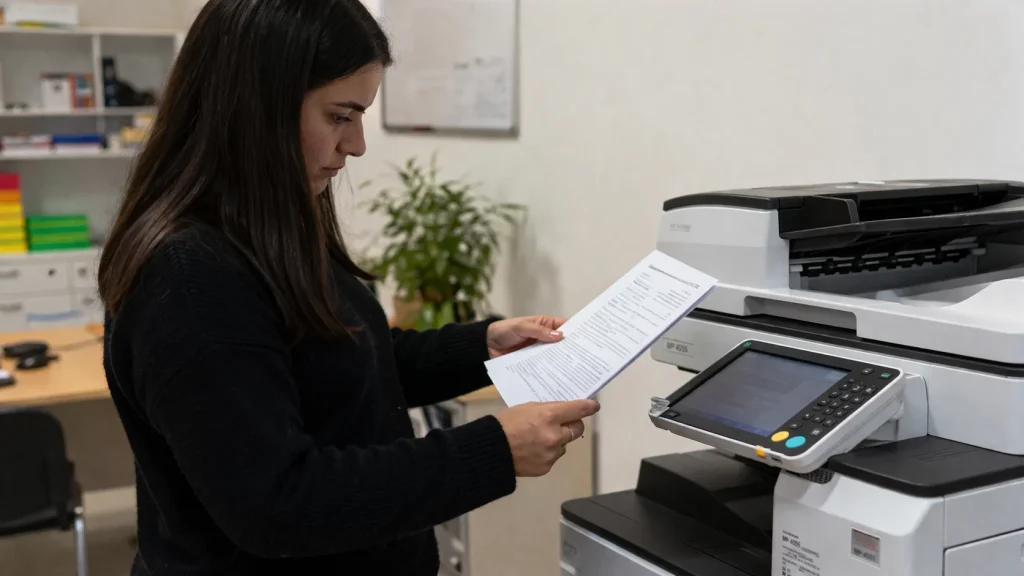 A woman standing by an office copier reviewing a document for Birmingham copier lease traps.