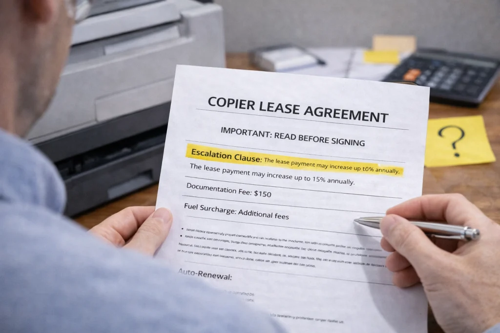 Person reviewing the "Important: Read Before Signing" section of Birmingham Copier Lease Agreements.