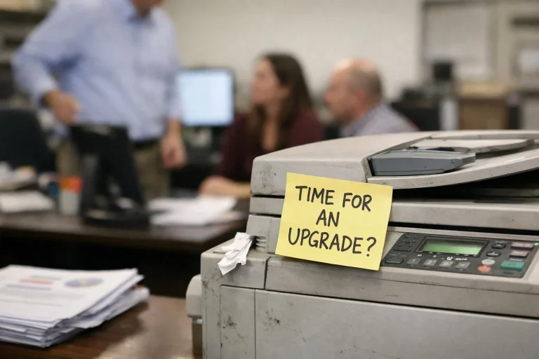 A dusty office printer with a yellow sticky note asking "Time for an upgrade?" in a Birmingham office.