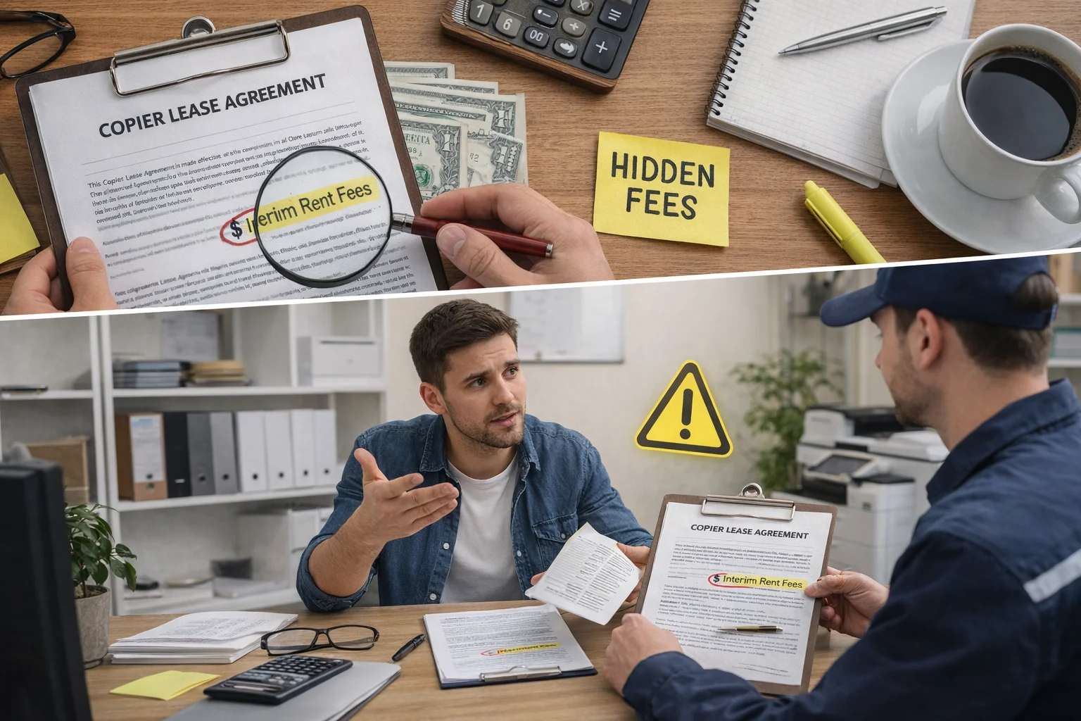 A magnifying glass highlighting "Interim Rent Fees" and a man discussing Birmingham copier lease traps.