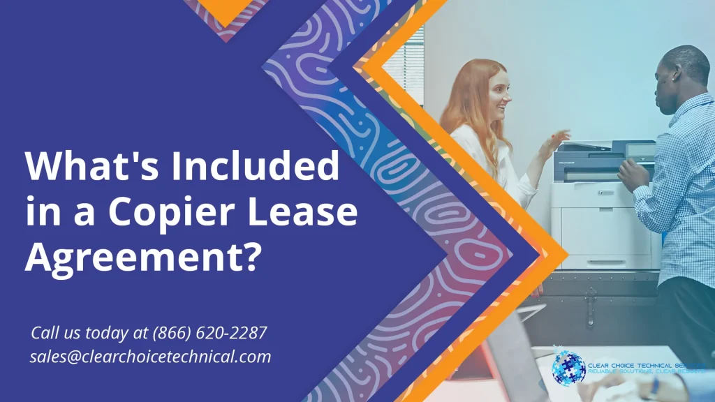 What's included in a copier lease agreement graphic with two office colleagues reviewing copier options in Birmingham Alabama