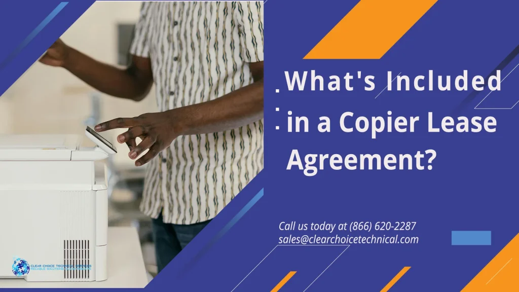 What's included in a copier lease agreement blue graphic with man pressing buttons on office copier in Birmingham AL