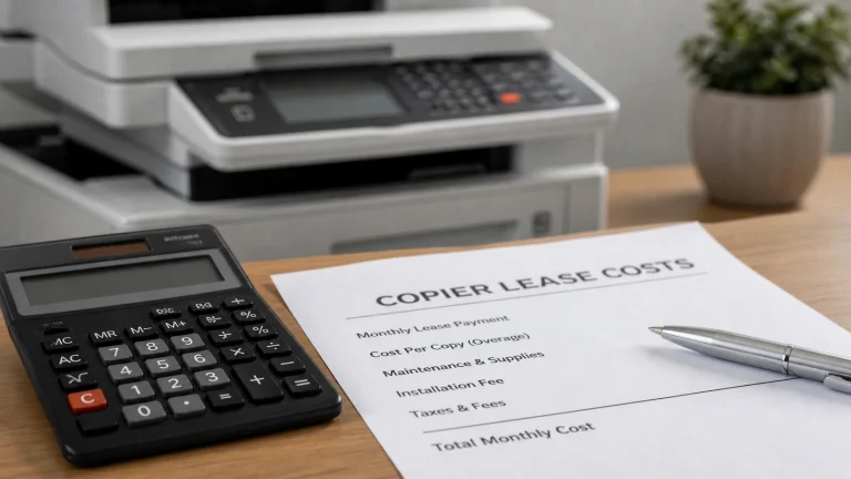 Copier lease costs document showing monthly payment breakdown with calculator and copier for Birmingham AL businesses