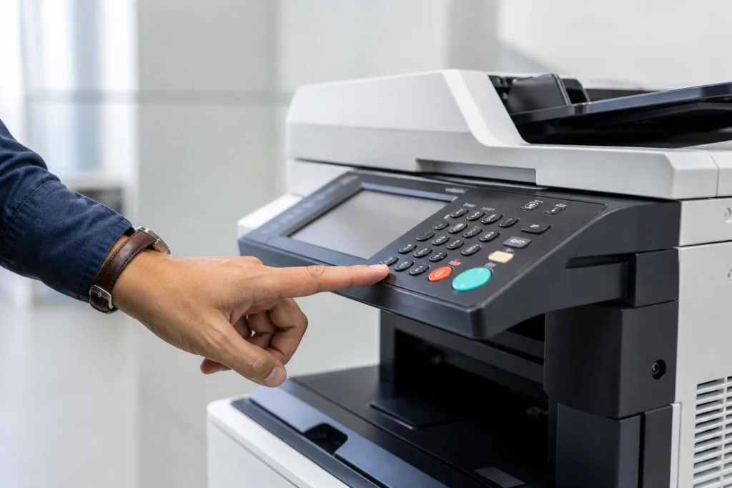 Business person pressing button on office copier control panel for a leased copier in Birmingham AL