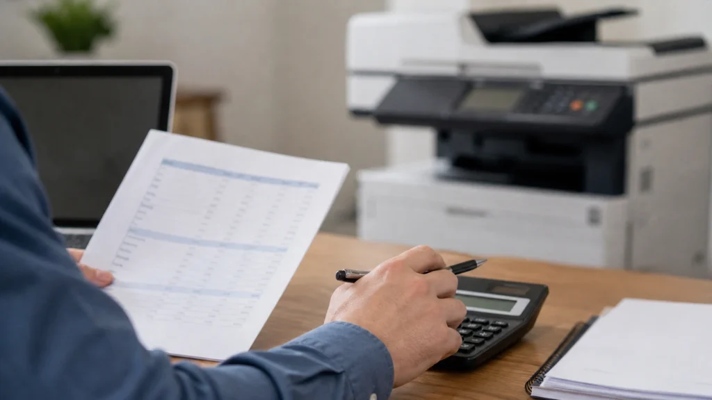 Business owner reviewing financial report with calculator while budgeting for copier lease costs in Birmingham AL