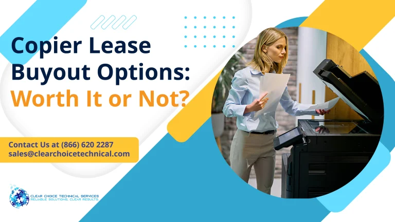 Bright promotional graphic presenting "Copier Lease Buyout Options: Worth It or Not?" with a circular photo frame of a woman using a scanner.