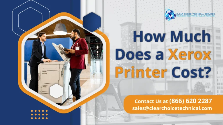 Corporate banner reading "How Much Does a Xerox Printer Cost?" with a hexagonal frame showing two colleagues standing by an office copier.