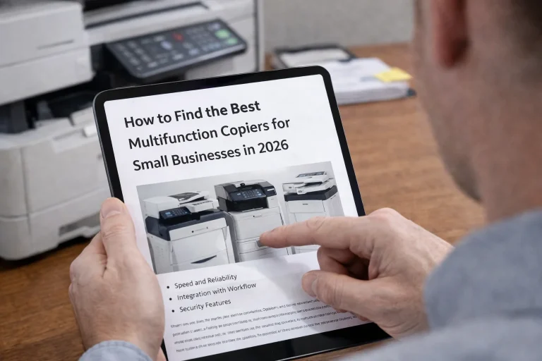 A business professional in Birmingham using a tablet to configure multifunction copiers for cloud scanning and remote printing.